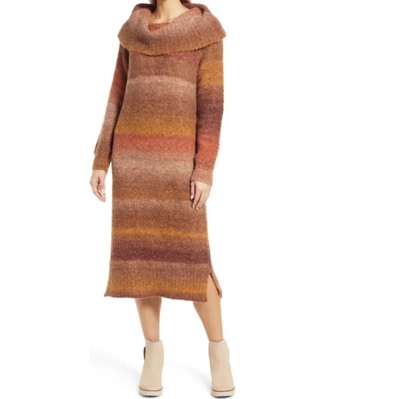 Caslon Dresses & Skirts - Caslon Orange Ombre Striped Long Sleeves Off Shoulder Wool Sweater Midi Dress